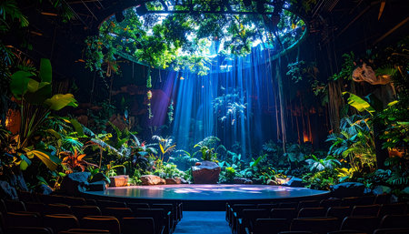 An empty, circular stage awaits the start of a magical performance. Bathed in ethereal blue light beams filtering down from a hidden canopy, the lush jungle set design creates an atmosphere of mystery and wonder. This immersive scenery invites the audience into a world of fantasy, adventure, and untold stories.の素材