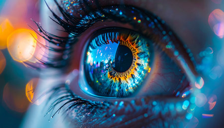A mesmerizing macro view of a human eye reflecting a vibrant, digital world. The iris, a universe of blue and gold, captures the glow of neon lights and sparkling data streams, symbolizing a futuristic vision, technological innovation, and the gateway to the metaverse.の素材