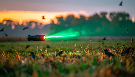 At the break of dawn, an automated laser bird repellent sweeps across a vulnerable crop field. The brilliant green beam effectively and humanely scares away a flock of birds, showcasing a modern, high-tech solution for agricultural pest control and crop protection.の素材