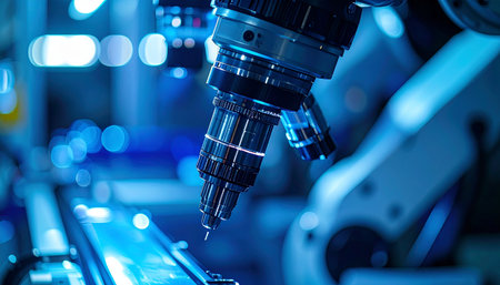 In a futuristic smart factory bathed in cool blue light, a high-precision robotic arm executes a flawless task on the assembly line. This image captures the essence of Industry 4.0, symbolizing innovation, efficiency, and the future of automated manufacturing.の素材