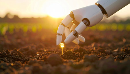 In the golden light of a new dawn, a robotic hand gently tends to a fragile sprout, symbolizing the harmonious fusion of advanced AI technology and sustainable agriculture. This image represents the future of farming, where innovation and nature work together to nurture growth and secure a hopeful future for our planet.の素材