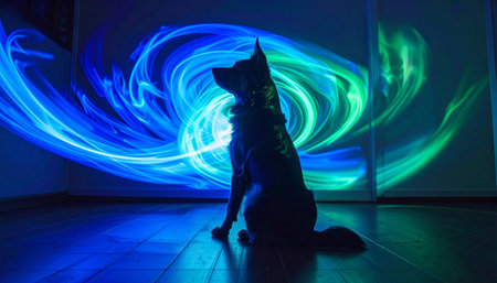 A loyal canine sits in quiet contemplation, its silhouette a stark contrast against a mesmerizing vortex of swirling blue and green light. This image captures a moment of surreal magic, blending the familiar form of a pet with a futuristic, otherworldly energy, perfect for concepts of innovation, mystery, and the digital frontier.の素材