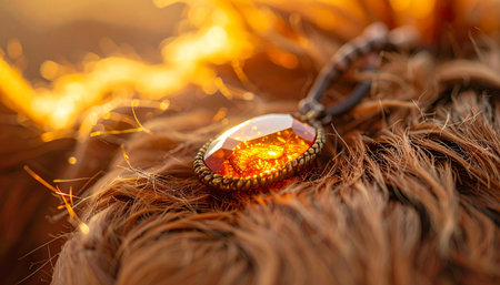 A powerful, ancient amulet made of amber glows with a fiery, magical aura. Nestled in dark, flowing hair, this enchanted artifact holds a deep secret, radiating warmth and untold energy for a fantasy or adventure concept.の素材