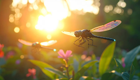 A delicate dragonfly hovers in the warm, ethereal glow of the golden hour. Its translucent wings catch the last rays of the setting sun, creating a magical and serene moment in a tranquil summer garden, symbolizing peace and the beauty of nature.の素材