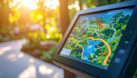 A bright, sunny day in the park begins with a plan. An interactive digital kiosk displays a colorful map, guiding visitors on their next adventure along scenic trails. Modern technology seamlessly blends with nature, offering easy navigation for a day of exploration and discovery.の素材