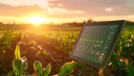 A digital tablet displays crucial crop data amidst a lush green field, bathed in the warm, optimistic light of a rising sun. This image symbolizes the future of smart farming, where precision agriculture and technology merge to foster sustainable growth and efficiency.の素材