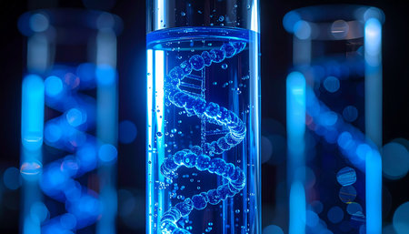 In a dimly lit laboratory, a glowing blue DNA helix floats within a test tube, symbolizing a monumental breakthrough in genetic research. This image captures the essence of scientific innovation, the future of medicine, and the intricate code of life itself.の素材