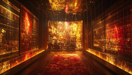 Step into a breathtaking vision of the future. A long, symmetrical corridor glows with the warmth of golden and fiery light from digital panels. The reflective surfaces create an infinite, immersive experience, suggesting a journey into a world of high-tech luxury or a gateway to a new virtual reality.の素材