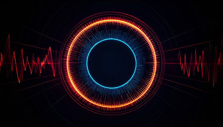 A vibrant digital equalizer display analyzes a complex sound frequency. Glowing orange and blue rings pulse at the center, visualizing the rhythm and energy of the audio signal. This abstract concept represents the intersection of music, artificial intelligence, and futuristic data visualization.の素材