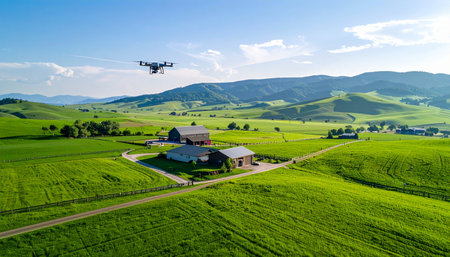 An unmanned aerial vehicle soars over a picturesque rural farmstead on a sunny day. This image captures the intersection of modern technology and traditional agriculture, representing concepts like smart farming, precision agriculture, and property surveillance for increased efficiency and sustainable land management.の素材