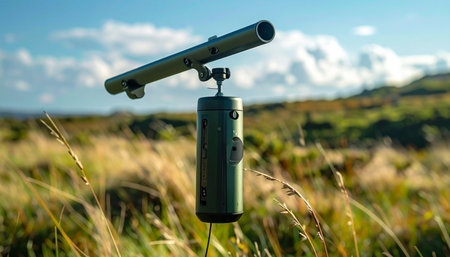 A specialized sensor stands sentinel in a vast, grassy field, silently collecting data from the environment. Under a wide sky, this piece of technology monitors, records, or listens, bridging the gap between nature and scientific observation.の素材