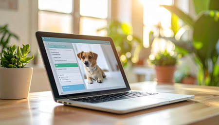 In a sun-drenched home office, a laptop displays a pet adoption website, showcasing an adorable puppy. This moment captures the hopeful beginning of a new friendship, blending modern technology with the timeless joy of finding a new family member.の素材