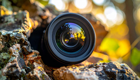 A professional camera lens rests on a textured rock, its glass reflecting the golden hues of an autumn forest during sunset. This image symbolizes the pause before capturing the perfect shot, blending technology with the raw beauty of the natural world, ideal for concepts of creativity, adventure, and the art of photography.の素材