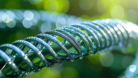 A close-up shot of a flexible metal coil glistens with fresh morning dew. The soft, out-of-focus green background and bright sunlight create a serene and natural atmosphere, blending industrial form with organic beauty.の素材
