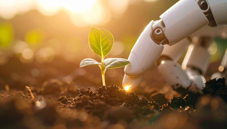 In the warm glow of a rising sun, a robotic hand gently tends to a fragile new seedling. This image represents the harmonious synergy between advanced technology and nature, symbolizing a future of sustainable agriculture, innovation, and careful cultivation of life.の素材