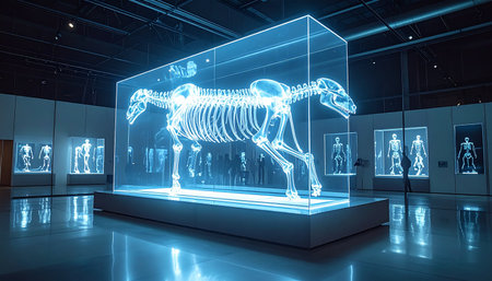 In a dimly lit, modern museum, a luminous blue hologram of an animal skeleton glows within a glass enclosure. This futuristic exhibit merges paleontology with advanced technology, offering a captivating and educational look at anatomy and the evolution of life.の素材