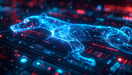 A luminous digital canine, formed from pure data and light, sprints through a complex cybernetic landscape. This AI companion represents the future of technology, security, and intelligent systems, navigating the flow of information with speed and purpose.の素材