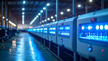 In a state-of-the-art smart factory, a long row of automated machinery hums with efficiency under the cool glow of blue LED lights. This is the heart of Industry 4.0, where technology and innovation drive the future of manufacturing and data processing.の素材