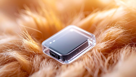 A tiny, futuristic tracking microchip rests gently in the warm, soft fur of a beloved pet. This close-up symbolizes the intersection of technology and animal care, representing security, identification, and peace of mind for pet owners in a modern world.の素材