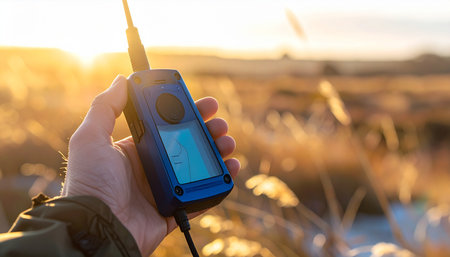 As the sun sets over a tranquil field, a traveler holds up a portable power bank, a symbol of modern connectivity amidst the raw beauty of nature. This moment captures the essence of adventure in the digital age, staying powered and connected even when off the beaten path.の素材