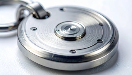 A detailed macro shot captures the precision-machined surface of a modern, high-security disc padlock. Its robust steel construction and complex mechanism symbolize ultimate protection, data security, and the safeguarding of valuable assets or secrets against any threat.の素材