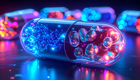 A single, transparent capsule holds the future of medicine, glowing with the light of countless nanobots and complex data. This represents a revolutionary breakthrough in biotechnology and precision healthcare, a smart drug designed to target disease at a molecular level.の素材