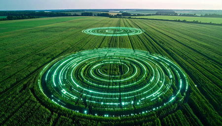 An aerial view captures mysterious, glowing green crop circles illuminating a vast agricultural field at twilight. These intricate, luminous patterns suggest a fusion of nature and advanced technology, evoking themes of futuristic farming, data visualization, or an enigmatic extraterrestrial message.の素材