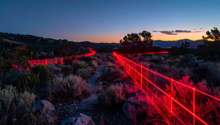 Streams of vibrant red light cut through the tranquil desert landscape at twilight, representing the rapid flow of data, energy, or futuristic transportation. This dynamic long-exposure shot captures a sense of speed, innovation, and the invisible connections that power our modern world.の素材