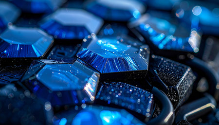 A mesmerizing macro view captures the intricate facets of a collection of deep blue gemstones. Brilliant light dances across their polished surfaces, revealing a world of depth, clarity, and luxurious color, evoking a sense of rare treasure and timeless elegance.の素材