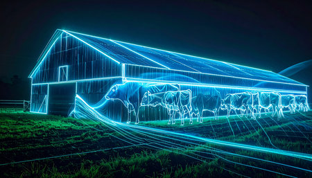 In a vision of the future, a traditional barn is transformed into a hub of digital information. Glowing blue lines trace its structure and the livestock within, representing a constant stream of data being analyzed for peak efficiency and health. This is the dawn of smart farming, where technology and nature merge for a sustainable future.の素材