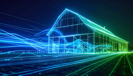 A glowing digital twin of a modern warehouse materializes from streams of data, illustrating the concept of Industry 4.0. This visualization represents the future of logistics and smart architecture, where information flow and connectivity drive efficiency and innovation.の素材