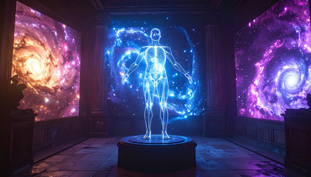 In a state-of-the-art research facility, a luminous hologram of the human form materializes, revealing the intricate details of its anatomy. Flanked by screens displaying swirling galaxies, this scene represents the intersection of medical discovery and cosmic exploration, symbolizing humanitys quest to understand its own biology and its place in the universe.の素材