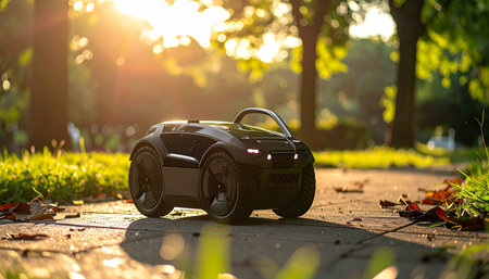 As the golden sun sets, a futuristic robotic lawnmower quietly completes its work on a garden path. This image represents the future of smart home technology, automation, and sustainable, effortless garden maintenance.の素材