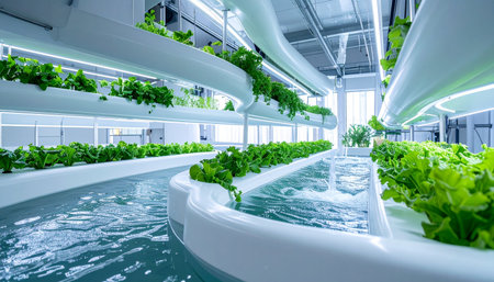 Inside a state-of-the-art vertical farm, rows of vibrant green lettuce thrive under the glow of advanced LED lights. This innovative hydroponic system represents the future of sustainable agriculture, growing fresh produce efficiently in a controlled, soil-free environment.の素材