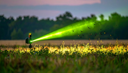 At the edge of twilight, a lone agriculturalist deploys futuristic technology, casting a vibrant green beam across the crops. This image captures the intersection of science and nature, symbolizing innovation in sustainable farming and advanced pest control for a healthier future.の素材