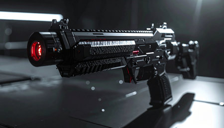In a neon-drenched, dystopian future, this advanced combat rifle rests on a sleek surface, its glowing red light a silent promise of immense power. A key piece of technology for a cybernetic soldier or a corporate enforcer in a high-stakes world.の素材
