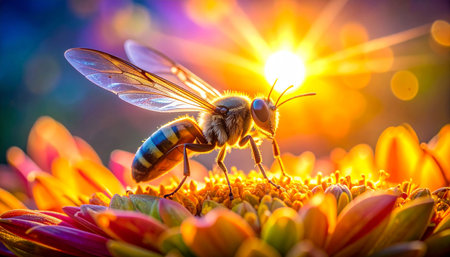 A honeybee is bathed in the magical, golden light of a sunrise, its delicate wings glowing as it rests upon a vibrant, multi-colored flower. This macro shot captures a serene and enchanting moment in nature, symbolizing harmony, new beginnings, and the beauty of the natural world.の素材