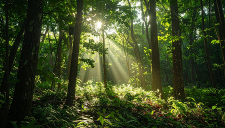 Golden sunbeams pierce through the dense canopy of a lush, green forest, illuminating the ferns on the woodland floor. This tranquil scene evokes a sense of hope, new beginnings, and the quiet magic of the natural world.の素材