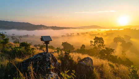 The sun crests the horizon, casting a warm, golden light across a tranquil valley blanketed in a sea of morning fog. From a rocky viewpoint, the world awakens, offering a moment of serene beauty and the promise of a new days adventure.の素材