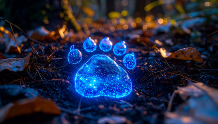 A single, luminous blue paw print glows with ethereal energy on the dark forest floor. This mystical track, a blend of nature and technology, hints at an unseen creatures journey through the wilderness, leaving a trail of magic and mystery for an adventurer to follow.の素材