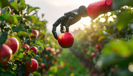In the golden light of a setting sun, a robotic arm gently plucks a perfect red apple from the branch. This image captures the intersection of nature and technology, symbolizing the future of smart farming, precision agriculture, and sustainable food production through innovation and automation.の素材