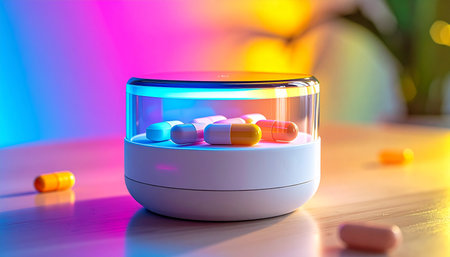 In a near-future setting, a smart pill dispenser glows with vibrant neon light, automating daily medication and supplements. This high-tech device represents the future of personalized healthcare, blending seamlessly into a modern lifestyle with convenience and precision.の素材