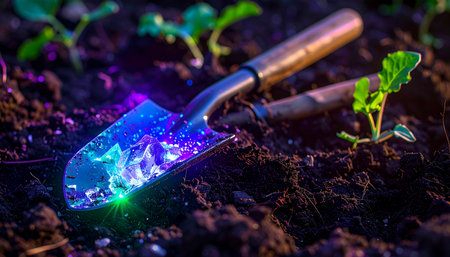 In a dark, fertile garden, a humble trowel glows with an otherworldly, vibrant light, nurturing young seedlings. This image represents the magical intersection of nature and technology, symbolizing innovation, future growth, and the hidden potential within the earth.の素材