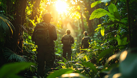 A squad of elite soldiers on a reconnaissance mission moves silently through the dense, humid jungle. The golden light of dawn filters through the thick canopy, illuminating their path as they advance with determination and focus, embodying teamwork and courage.の素材