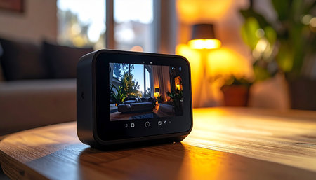 In a warmly lit, cozy living room, a smart home hub sits on a wooden table, actively monitoring the space. Its screen displays a live feed from a security camera, offering peace of mind and a seamless connection to modern technology for a secure and comfortable home environment.の素材