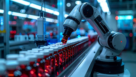 In a factory of the future, a robotic arm operates with flawless precision, its movements illuminated by vibrant blue and red lights. It seamlessly handles bottles on a fast-moving conveyor belt, showcasing the peak of modern automation and industrial efficiency in a 247 production cycle.の素材