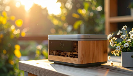 A retro-inspired wooden radio sits on a sun-drenched patio, streaming gentle melodies into the warm, golden light of a summer evening. The tranquil garden setting creates a perfect atmosphere for relaxation, nostalgia, and enjoying a peaceful moment.の素材