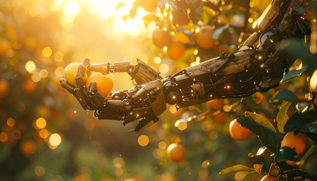 In a sun-drenched orange grove, a sophisticated robotic arm gently picks a ripe orange from a branch. This image captures the harmonious blend of nature and advanced technology, symbolizing the future of smart, sustainable agriculture and the dawn of automated farming.の素材