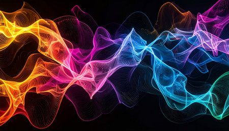 A mesmerizing wave of luminous, rainbow-colored energy flows gracefully across a dark void. This abstract image evokes concepts of digital innovation, scientific discovery, and the harmonious flow of creative ideas, making it a perfect background for futuristic or artistic projects.の素材