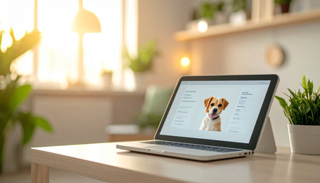 In the warm morning light of a cozy home office, a laptop displays a profile for an adorable dog, symbolizing the modern search for a furry companion. This image represents hope, new beginnings, and the connection made possible through online pet adoption services.の素材
